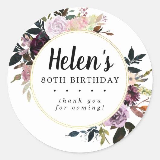 Paarse en Roze Bloemen 80ste Verjaardag Dank u Ronde Sticker (Voorkant)