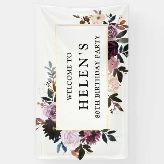 Paarse en Roze Bloemen 80ste Verjaardagsfeestje We Spandoek (Verticaal)