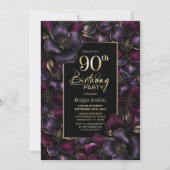 Paarse en Roze Bloemen 90ste Verjaardagsfeest Kaart (Voorkant)