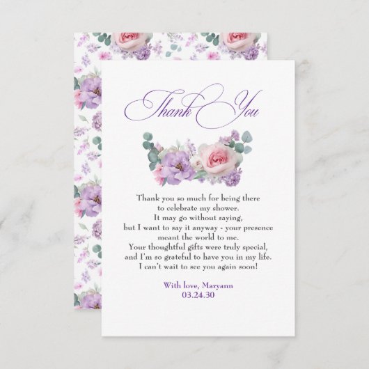 Paarse en Roze Bloemen Botanische Dank U Bedankkaart (Voorkant / Achterkant)