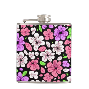 Paarse en Roze Bloemen en Bloemblaadjes Patroon Zw Heupfles