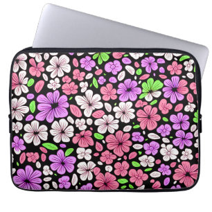 Paarse en Roze Bloemen en Bloemblaadjes Patroon Zw Laptop Sleeve