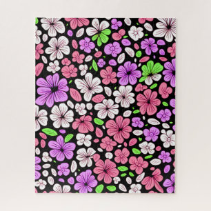 Paarse en Roze Bloemen en Bloemblaadjes Patroon Zw Legpuzzel