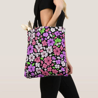 Paarse en Roze Bloemen en Bloemblaadjes Patroon Zw Tote Bag