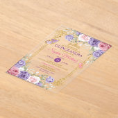 Paarse en roze bloemen gouden kroon meisje Quincea Acryl Uitnodigingen (Laagn)