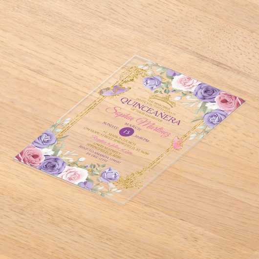 Paarse en roze bloemen gouden kroon meisje Quincea Acryl Uitnodigingen (Laagn)