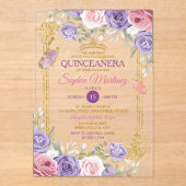 Paarse en roze bloemen gouden kroon meisje Quincea Acryl Uitnodigingen (Voorkant)