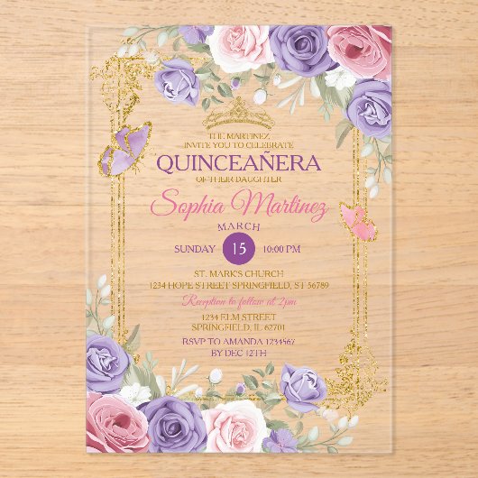 Paarse en roze bloemen gouden kroon meisje Quincea Acryl Uitnodigingen (Voorkant)