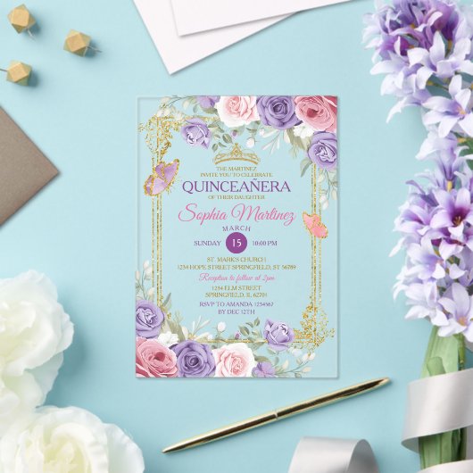 Paarse en roze bloemen gouden kroon meisje Quincea Acryl Uitnodigingen (Insitu (Huwelijk))