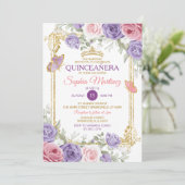 Paarse en roze bloemen gouden kroon meisje Quincea Kaart (Staand voorkant)