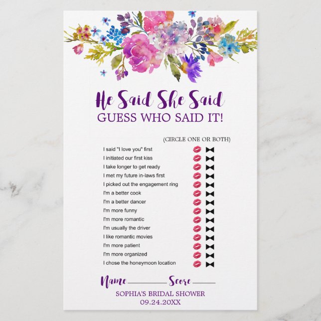 Paarse en roze bloemen "Hij zei dat ze het spel ze (Voorkant)