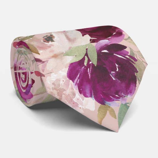 Paarse en roze bloemen lichtroze stropdas (Opgerold)