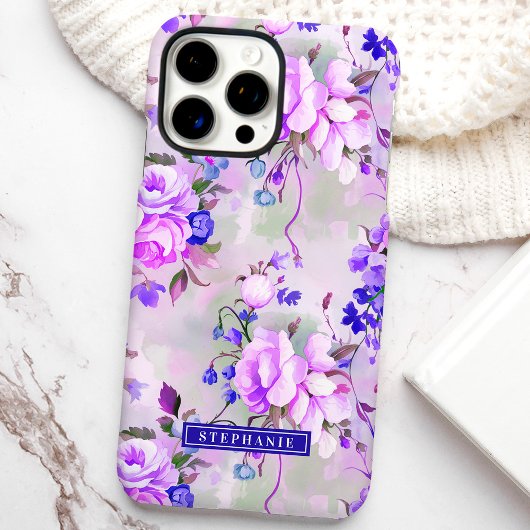 Paarse en Roze Bloemen met Aangepaste Naam Case-Mate iPhone Case