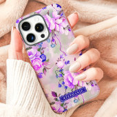 Paarse en Roze Bloemen met Eigen Naam Case-Mate iPhone Case