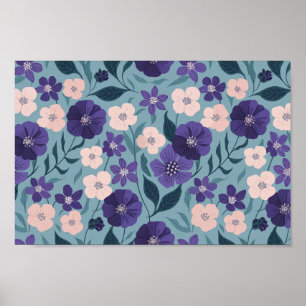 Paarse en roze bloemen op een zachte Blauwgroen ac Poster