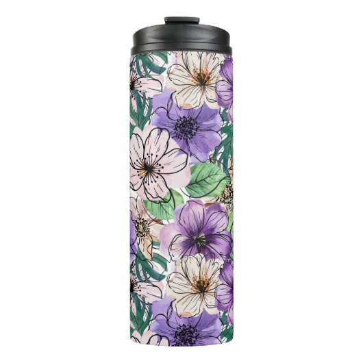 Paarse en roze bloemen thermosbeker (Voorkant)