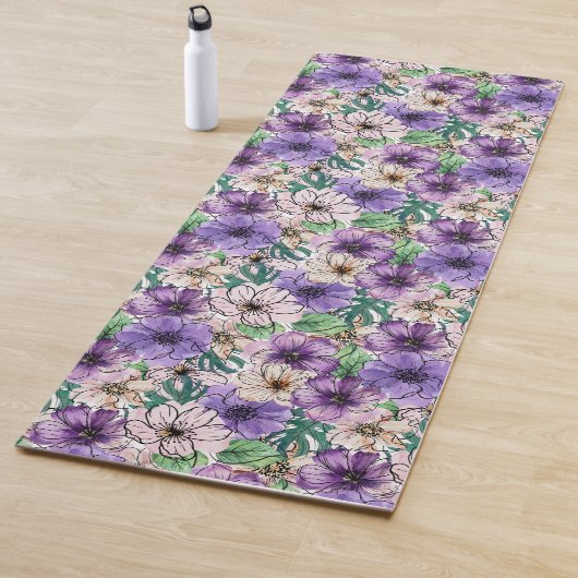 Paarse en roze bloemen yogamat (In situ)