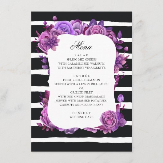 Paarse en roze bloemen. Zwart gestreepte bruiloft Menu (Voorkant)