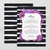 Paarse en roze bloemen. Zwart gestreepte bruiloft Menu (Voorkant / Achterkant)