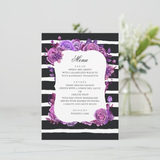 Paarse en roze bloemen. Zwarte bruiloft Menu (Staand voorkant)
