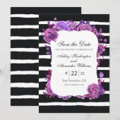 Paarse en roze bloemen. Zwarte bruiloft Save The Date (Voorkant / Achterkant)