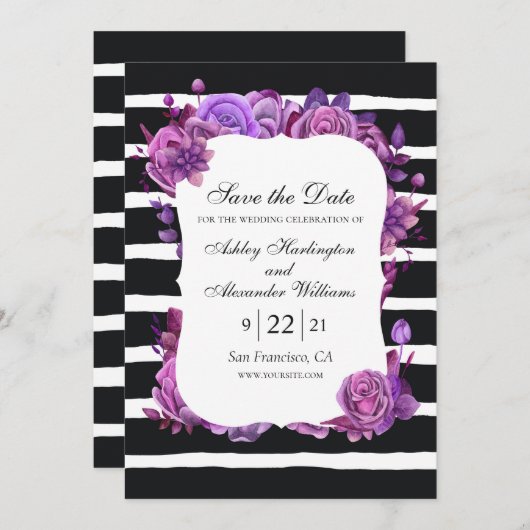 Paarse en roze bloemen. Zwarte bruiloft Save The Date (Voorkant / Achterkant)