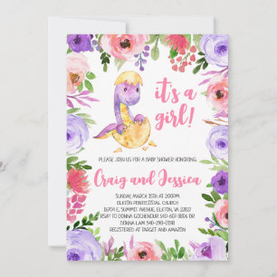 Paarse en Roze Bloemendinosaurus Baby Shower Kaart