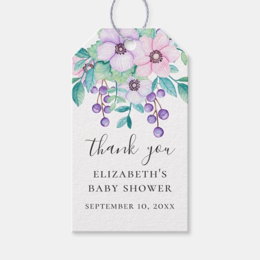 Paarse en roze bloemige baby shower dank u cadeaulabel (Voorkant)