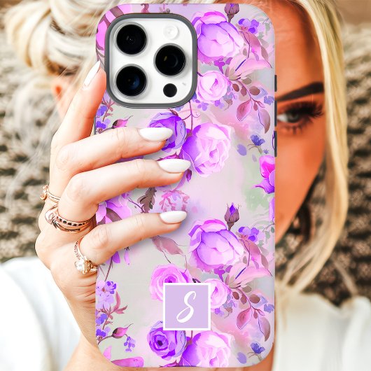 Paarse en Roze Bloemmonogram Case-Mate iPhone Case