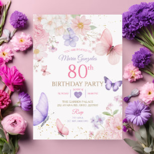 Paarse en Roze Bloemvlinder 80ste Verjaardag Kaart
