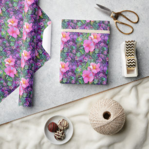 Paarse en roze botanische bloempatroon cadeaupapier