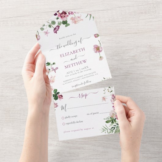 Paarse en roze bruiloft in één uitnodiging (Afscheurbaar)