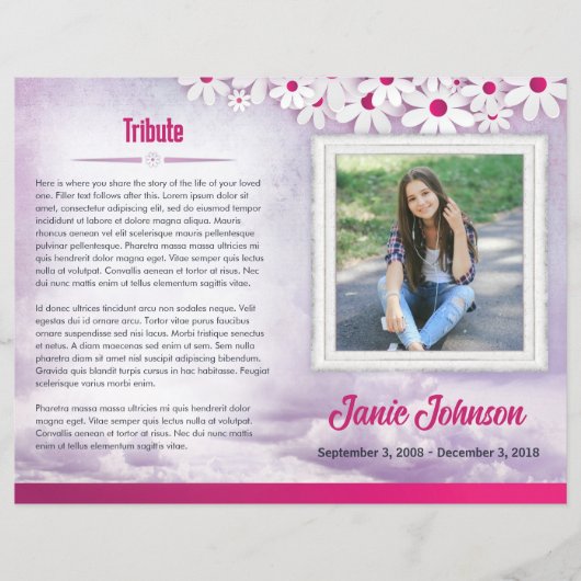 Paarse en roze Daisy begrafenisprogramma voor meis Flyer (Voorkant)