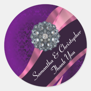 Paarse en roze damast trouwzegel ronde sticker