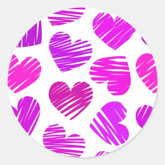 Paarse en roze Doodled Hearts Valentijn Ronde Sticker (Voorkant)