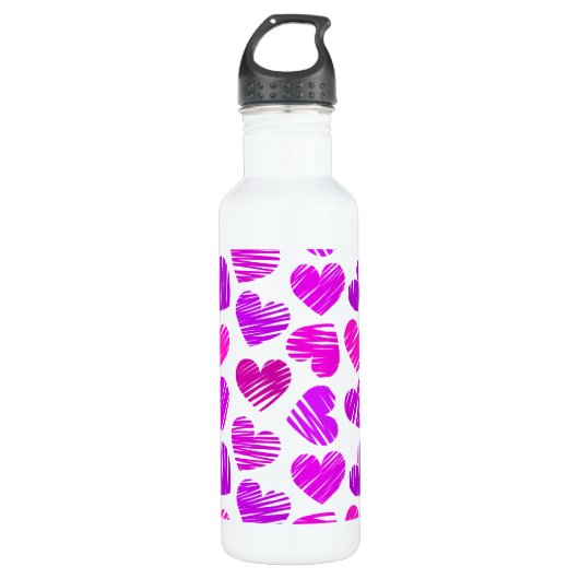Paarse en roze Doodled Hearts Valentijn Waterfles (Voorkant)