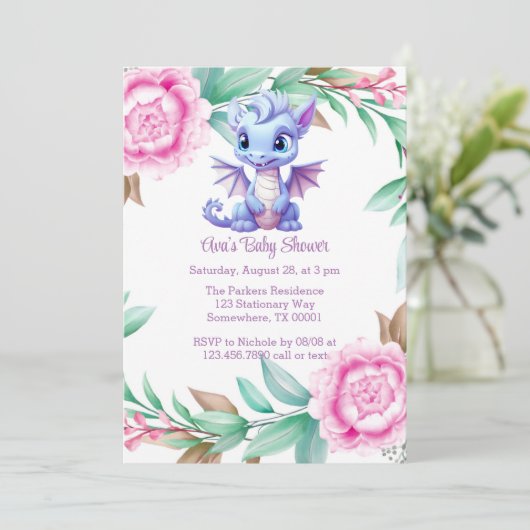 Paarse en Roze Dragon Peony Girl Baby shower Kaart (Staand voorkant)