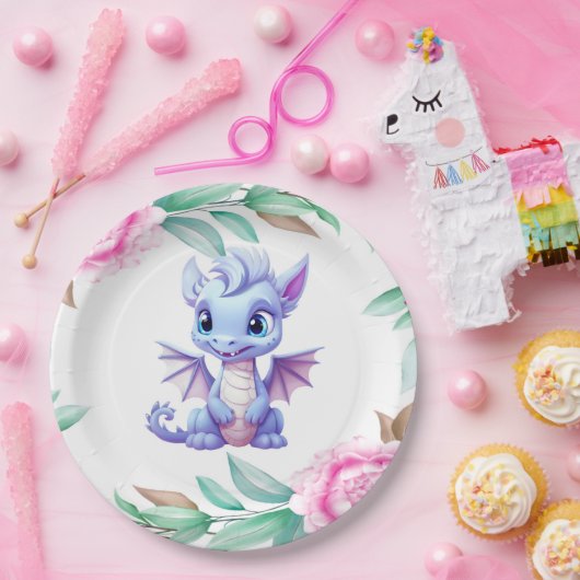 Paarse en Roze Dragon Peony Girl Baby shower Papieren Bordje (Feest)