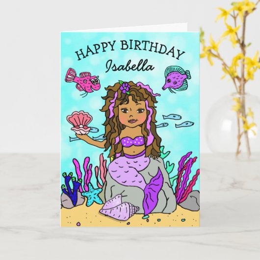 Paarse en Roze Etnische Zeemeermin Gelukkige Verja Kaart (Gele Bloem)