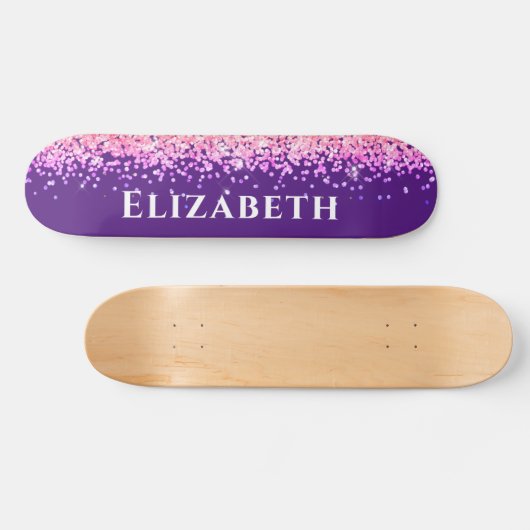 Paarse en roze faux glitter esthetische naam persoonlijk skateboard (Horizontaal)
