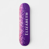 Paarse en roze faux glitter esthetische naam persoonlijk skateboard (Voorkant)