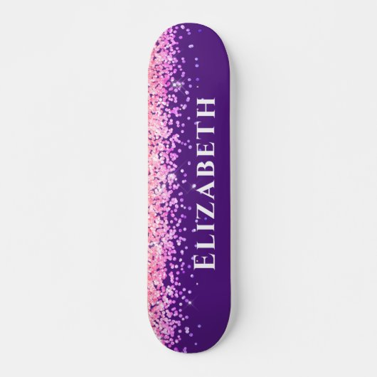 Paarse en roze faux glitter esthetische naam persoonlijk skateboard (Voorkant)