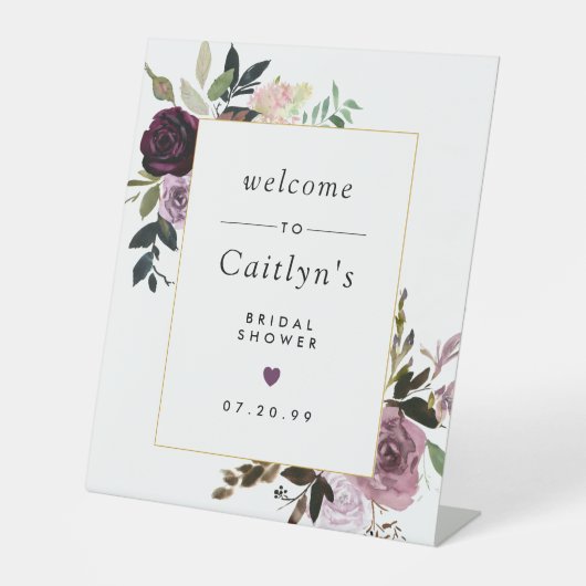 Paarse en roze Floral Vrijgezellenfeest Welkom Ped Reclamebord Met Voetstuk (Voorkant)