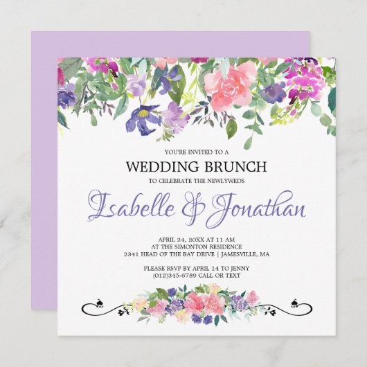Paarse en roze Floral Wedding Brunch Uitnodigingen (Voorkant / Achterkant)