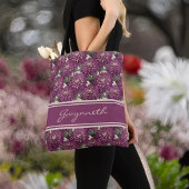 Paarse en Roze Gefrankeerde Dahlia Patroon Monogra Tote Bag