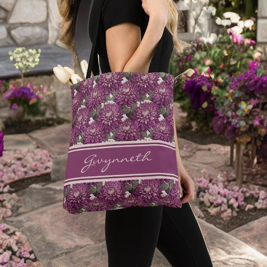 Paarse en Roze Gefrankeerde Dahlia Patroon Monogra Tote Bag
