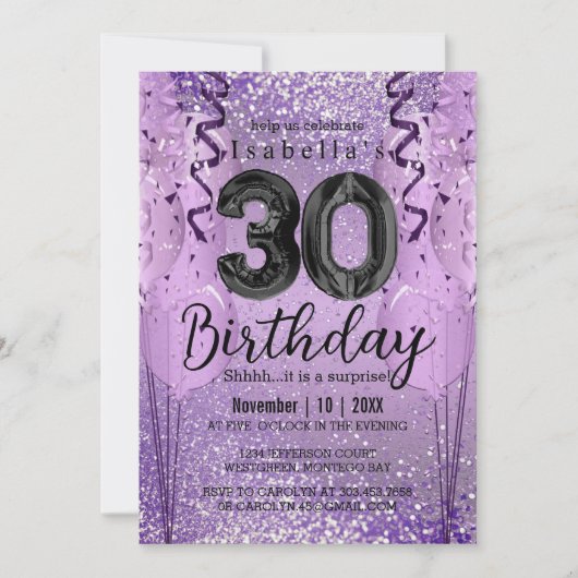 Paarse en Roze Glitter 30th Birthday Invitation Kaart (Voorkant)