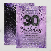 Paarse en Roze Glitter 30th Birthday Invitation Kaart (Voorkant / Achterkant)