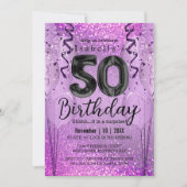 Paarse en Roze Glitter 50th Birthday Invitation Kaart (Voorkant)