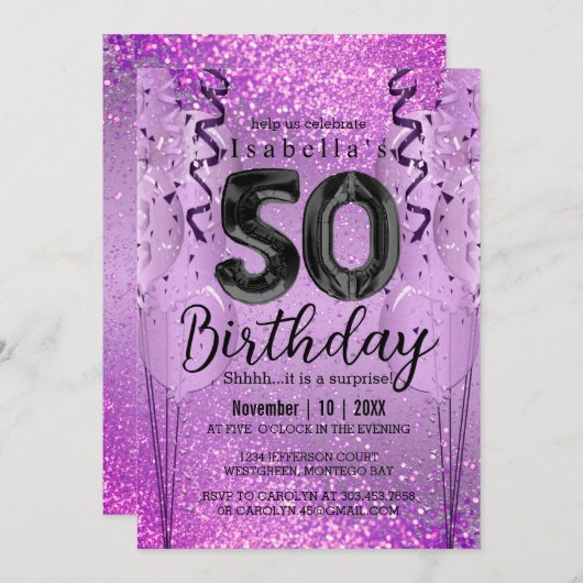 Paarse en Roze Glitter 50th Birthday Invitation Kaart (Voorkant / Achterkant)